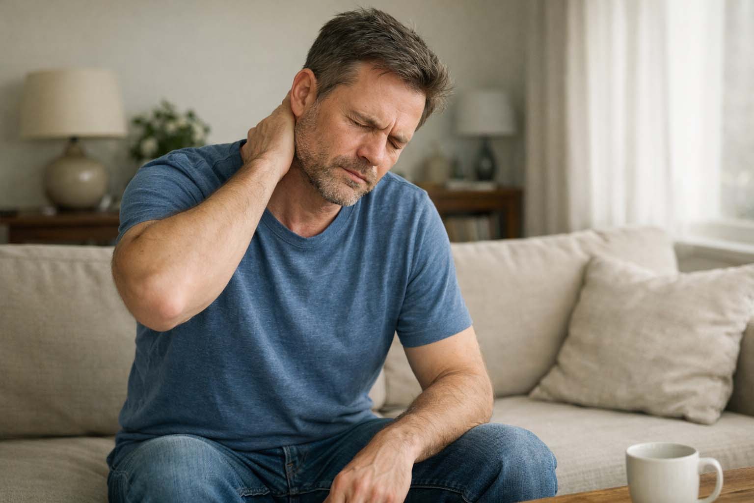 Osoba sedi na ivici kauča i drži ruku na potiljku u tišini dnevne sobe