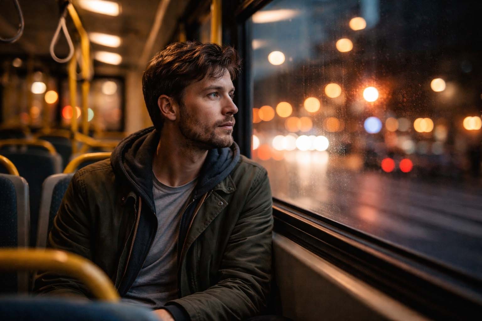 Osoba sedi sama u gradskom autobusu uveče i zamišljeno gleda kroz prozor
