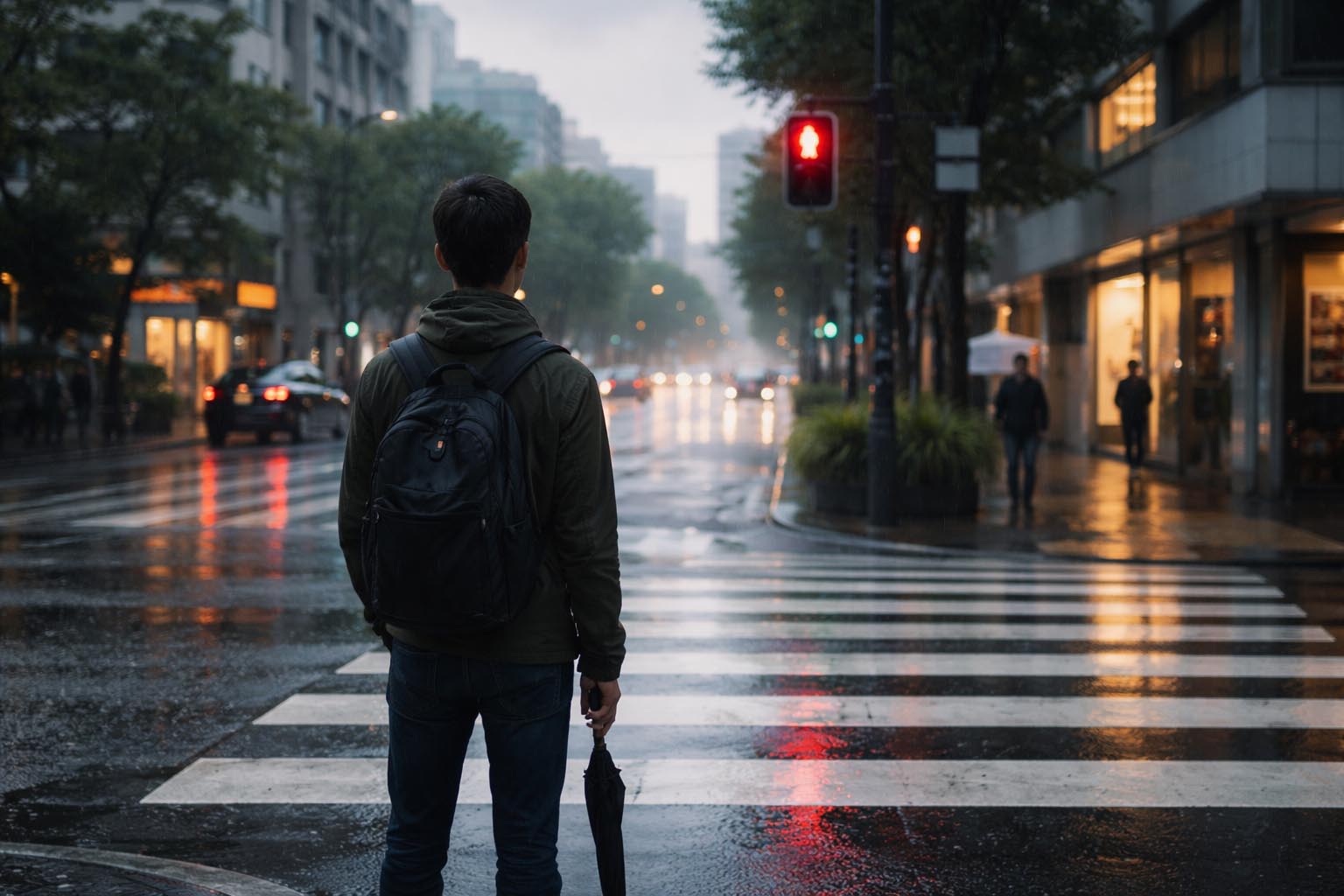 Osoba stoji na pešačkom prelazu i gleda u semafor dok lagano pada kiša