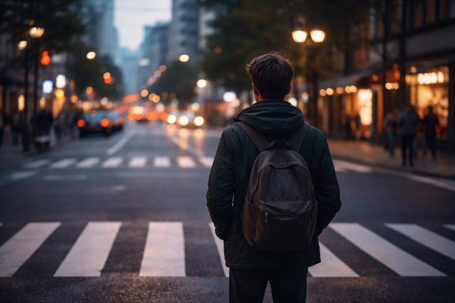 Osoba stoji sama na pešačkom prelazu u ranim večernjim satima i gleda u daljinu