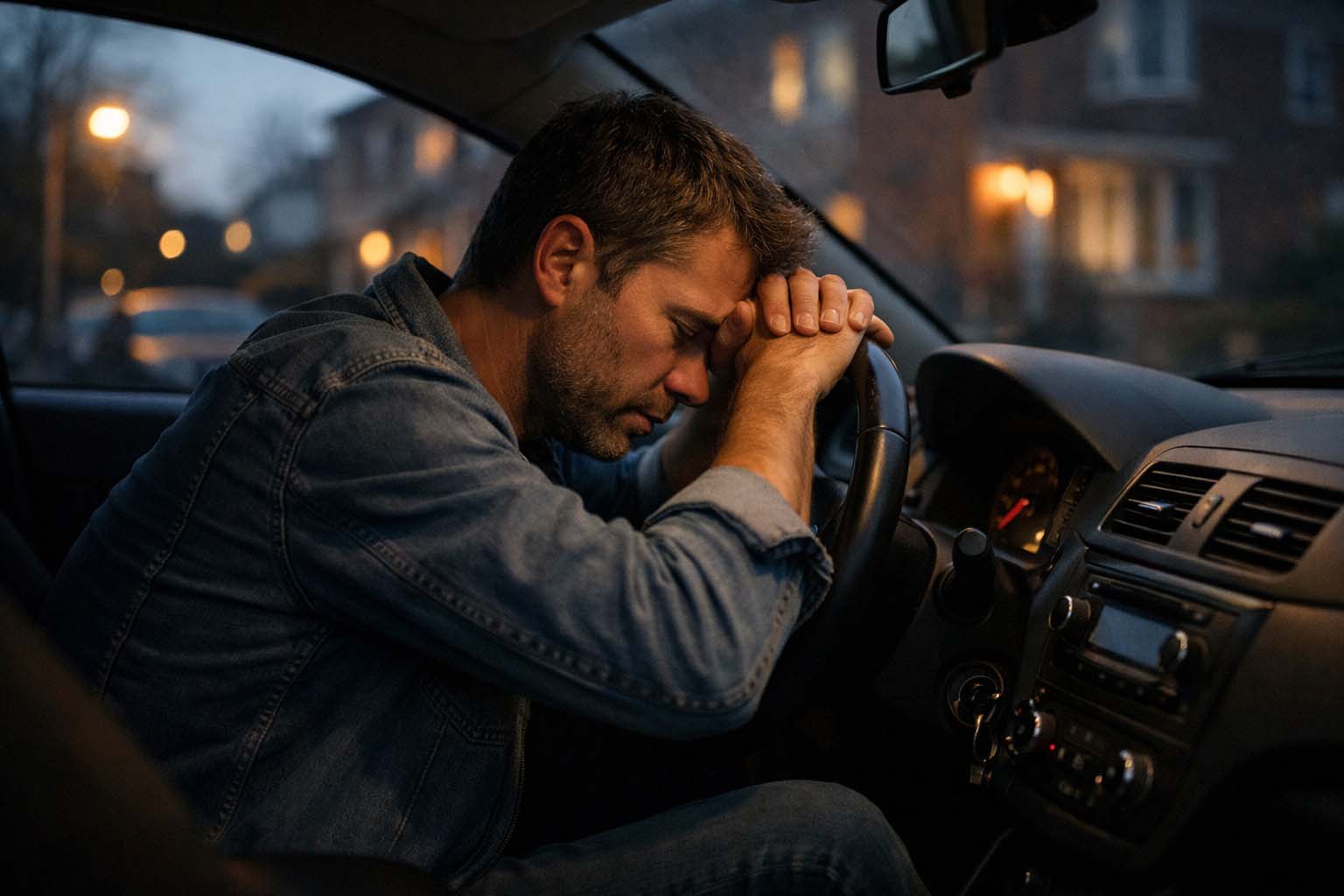 Muškarac sedi sam u automobilu parkiranom ispred zgrade i gleda pravo ispred sebe