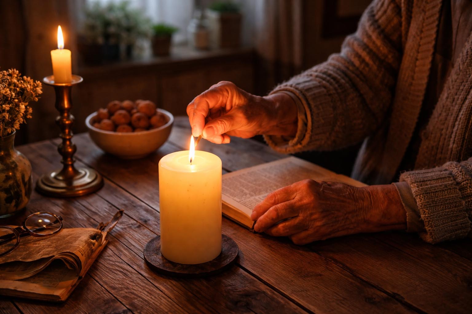 Ruke starije osobe pale sveću na drvenom stolu u porodičnoj kući u sumrak