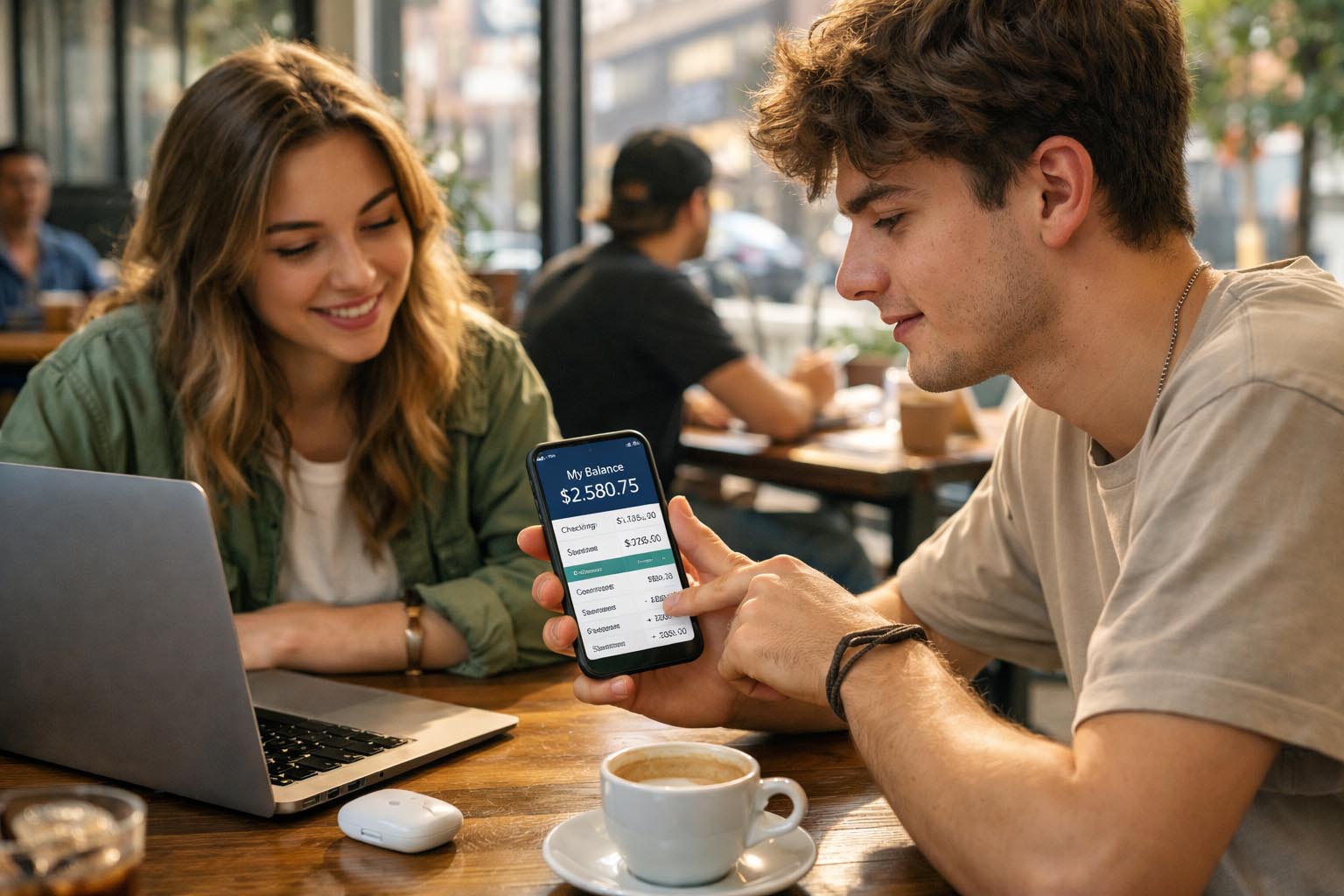Mladi sede u kafiću sa laptopom i telefonom dok pregledaju bankovnu aplikaciju