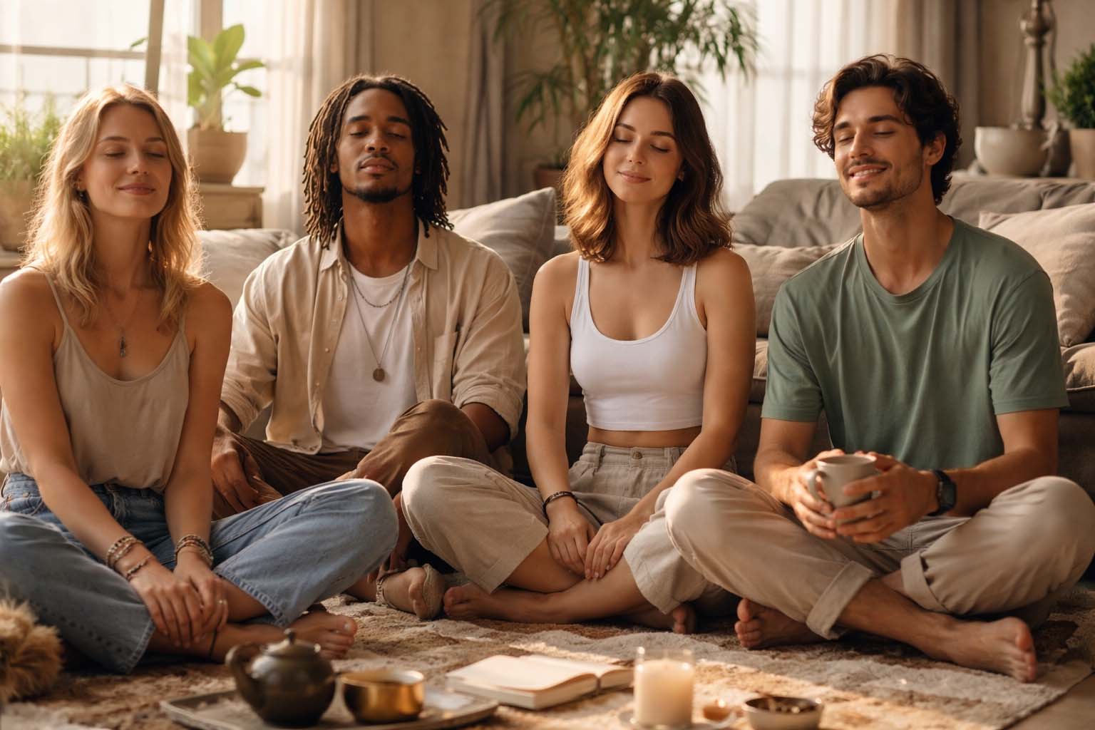 Mladi ljudi sede na travi u parku, neki razgovaraju dok drugi gledaju u daljinu