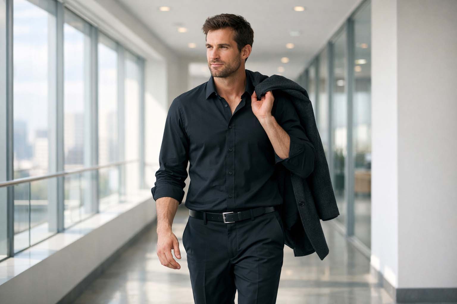 Muškarac hoda hodnikom poslovne zgrade u jednostavnoj tamnoj kombinaciji sa kaputom prebačenim preko ramena