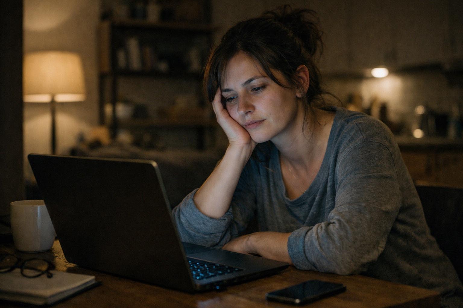 Žena sedi za radnim stolom kasno uveče, naslonjena na ruku dok ekran laptopa svetli u mračnoj sobi