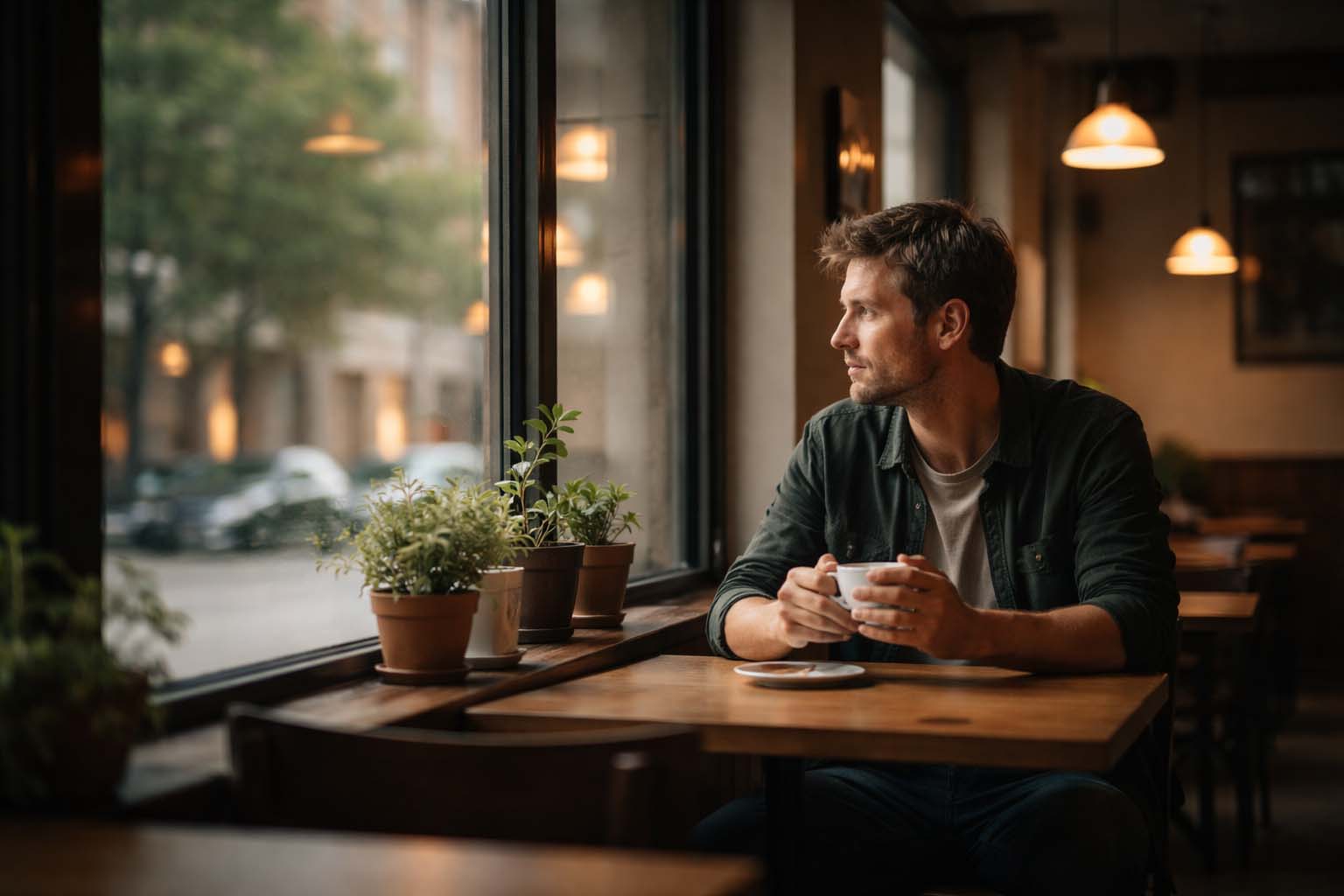 Osoba sedi sama u praznom kafiću u kasnim popodnevnim satima i gleda kroz prozor