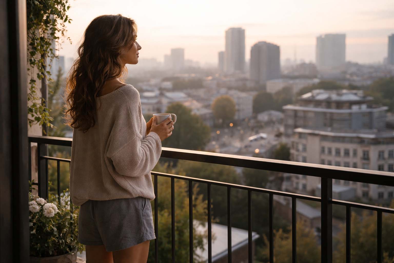 Žena stoji sama na terasi u ranim jutarnjim satima i gleda grad koji se budi