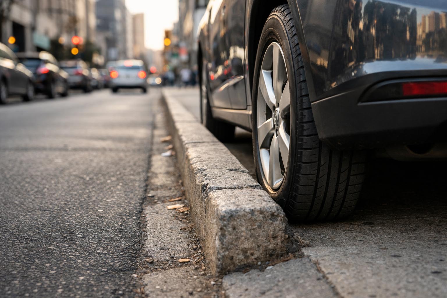 Automobil parkiran uz visoku ivicu trotoara u gradskoj ulici