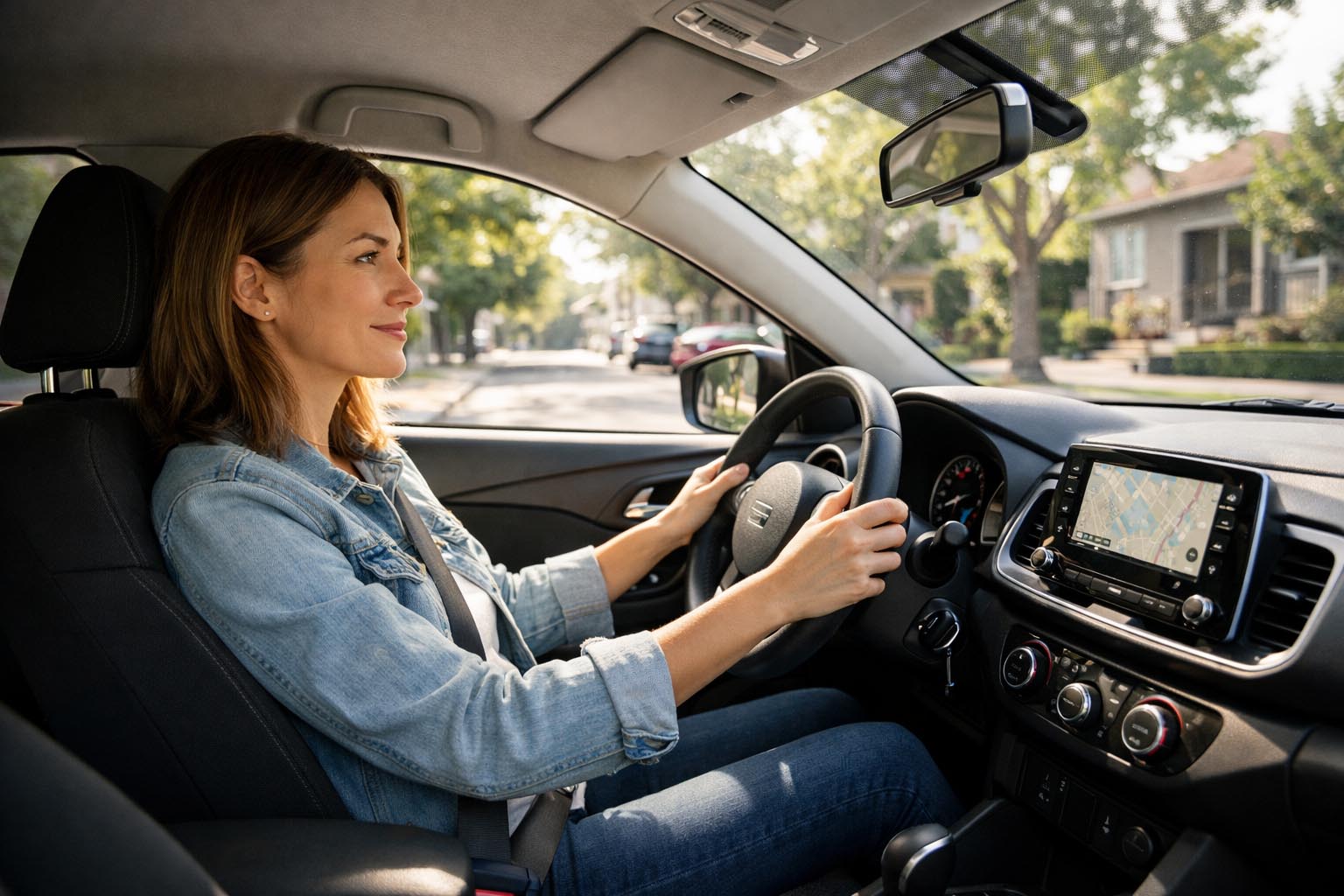 Žena vozi automobil mirnom gradskom ulicom u jutarnjim satima