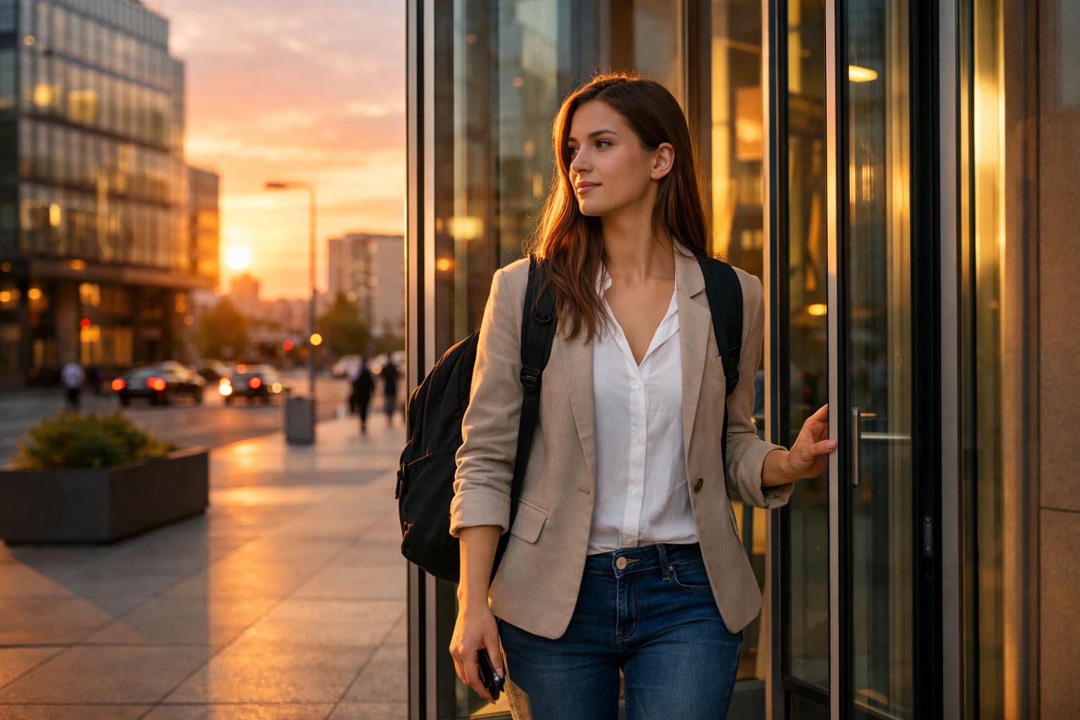 Mladi profesionalac izlazi iz poslovne zgrade u sumrak sa rancem na leđima