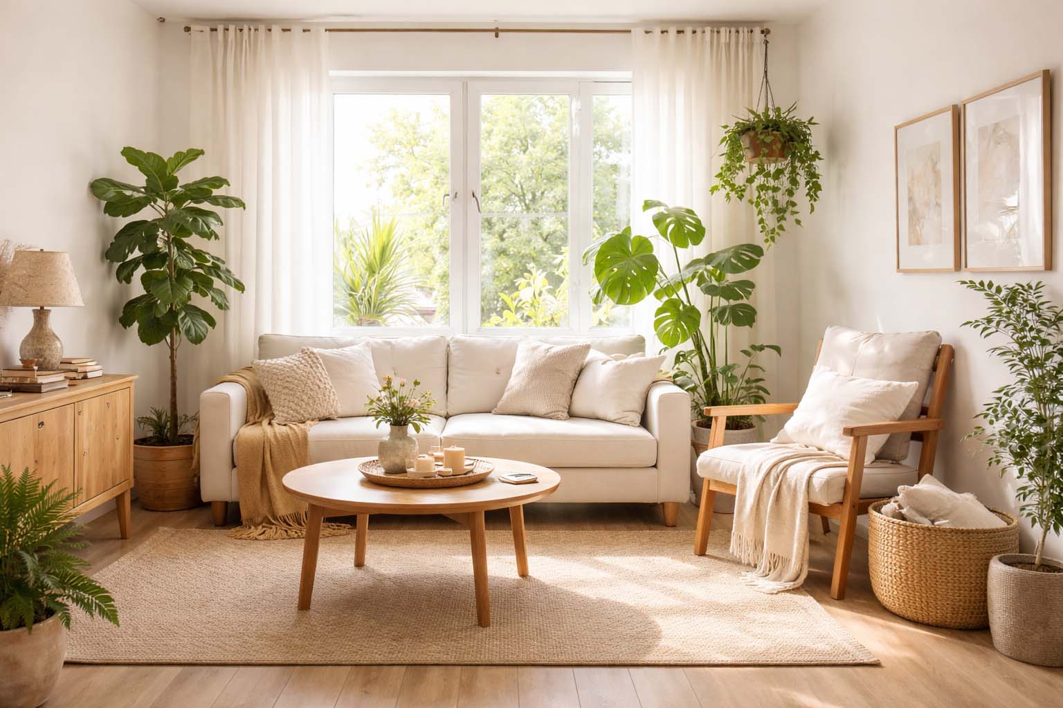 Dnevna soba sa prirodnim svetlom, biljkama i toplim tonovima u kojoj nema ljudi