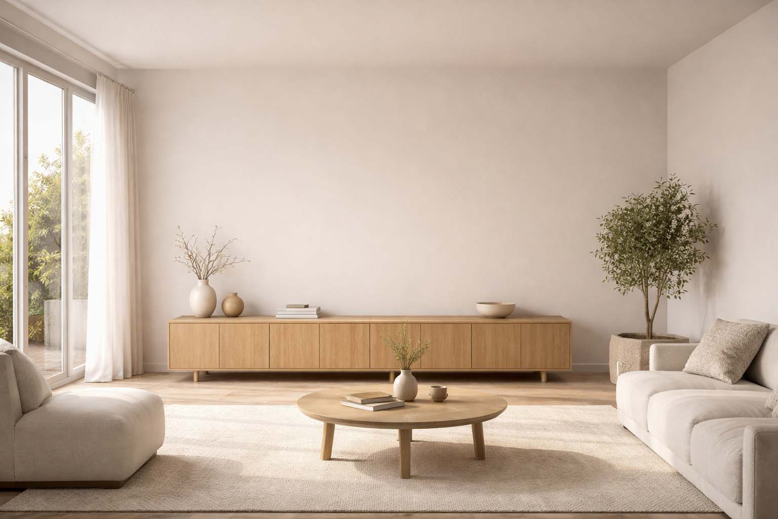 Minimalistička dnevna soba sa velikim praznim zidom i jednostavnom komodom bez dekoracije