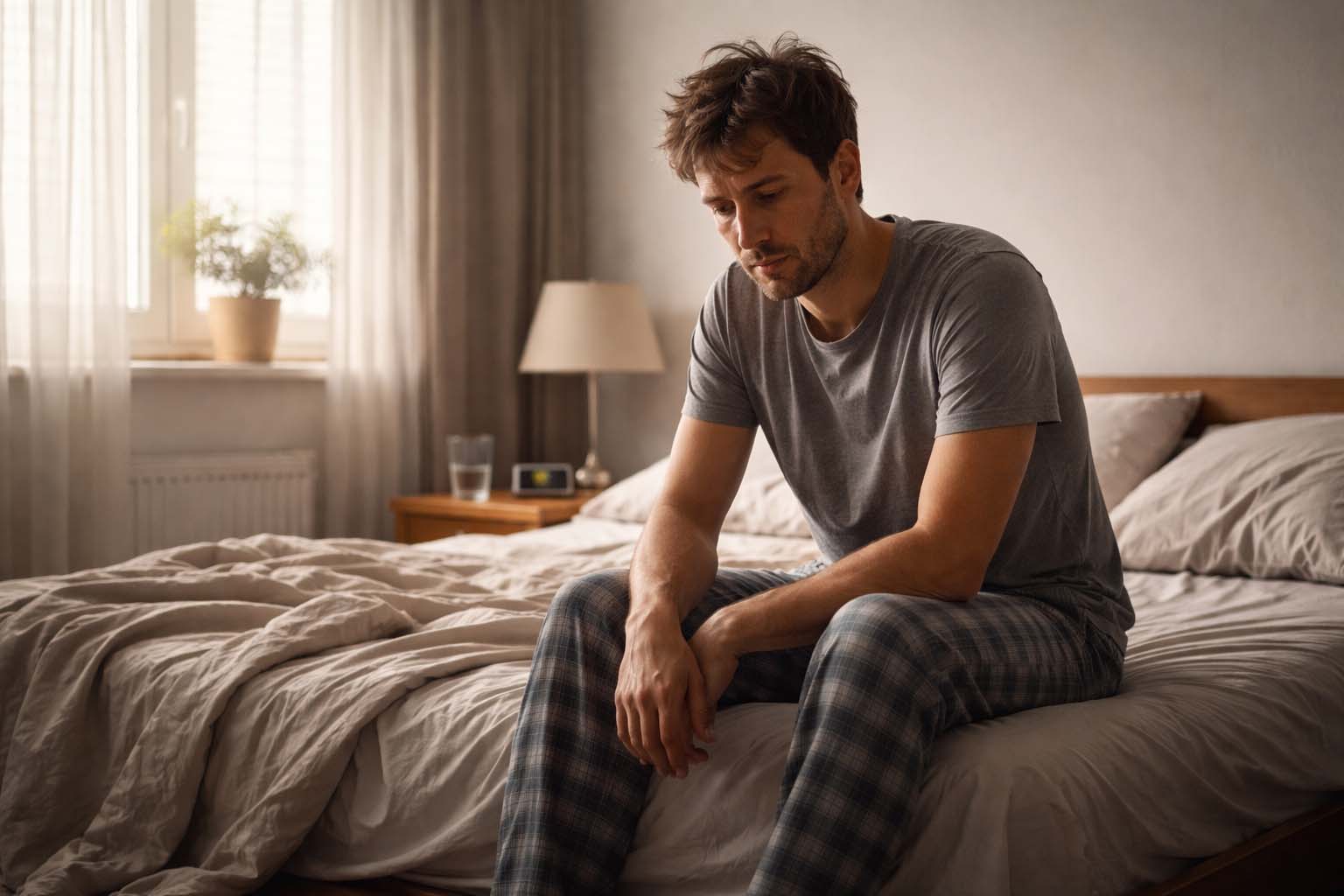 Osoba sedi na ivici kreveta ujutru, blago pogrbljena, sa izrazom umora na licu