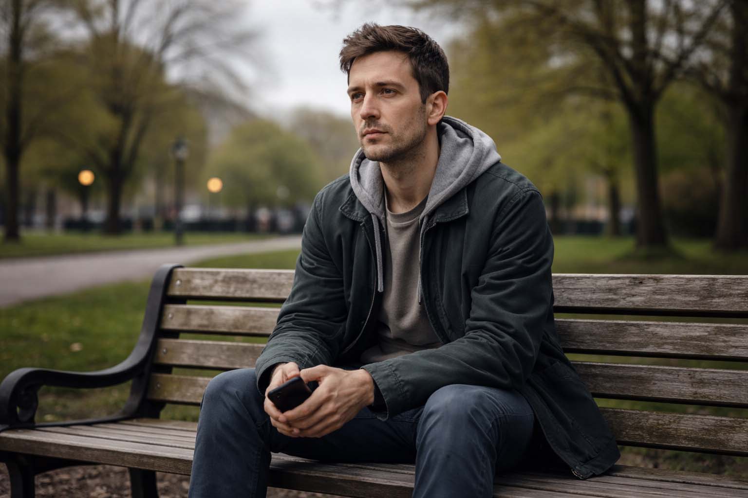 Osoba sedi sama na klupi u gradskom parku tokom oblačnog dana i gleda u telefon bez izraza