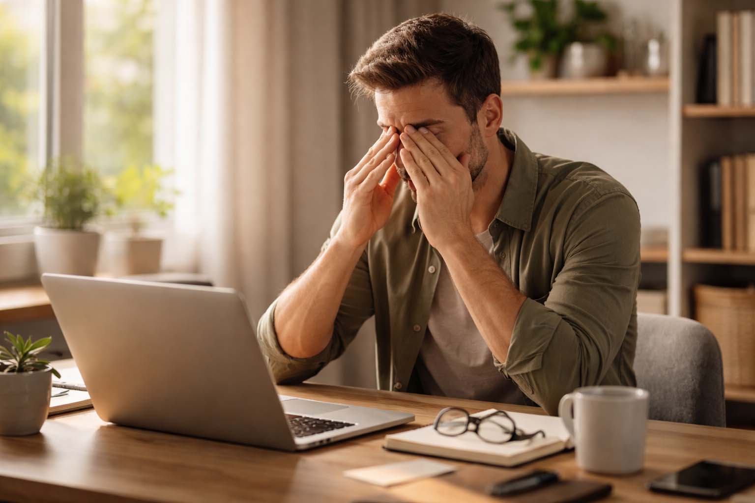 Osoba sedi za radnim stolom u popodnevnim satima i umorno trlja oči pored otvorenog laptopa