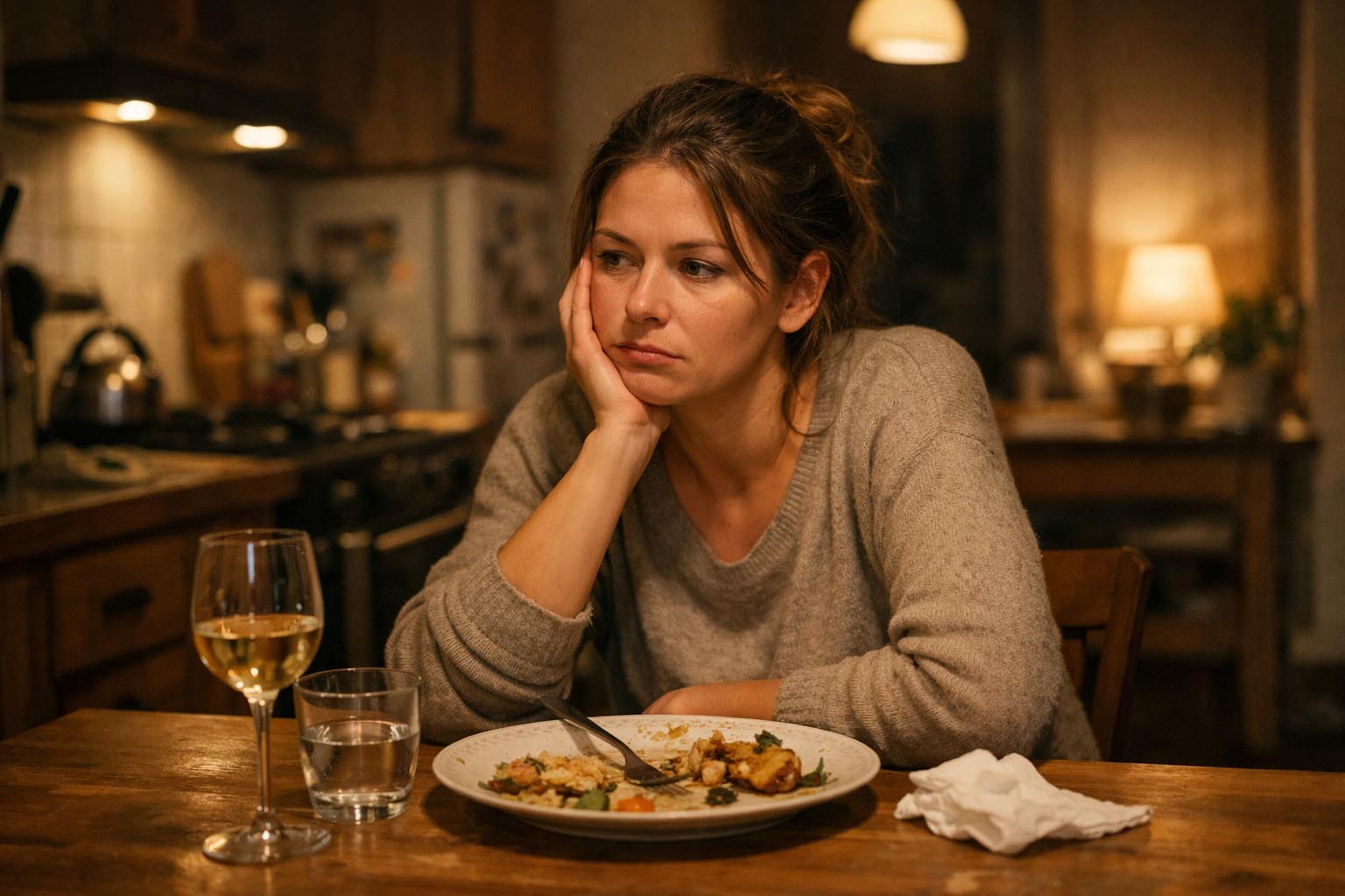 Osoba sedi za kuhinjskim stolom i zamišljeno gleda u tanjir sa hranom