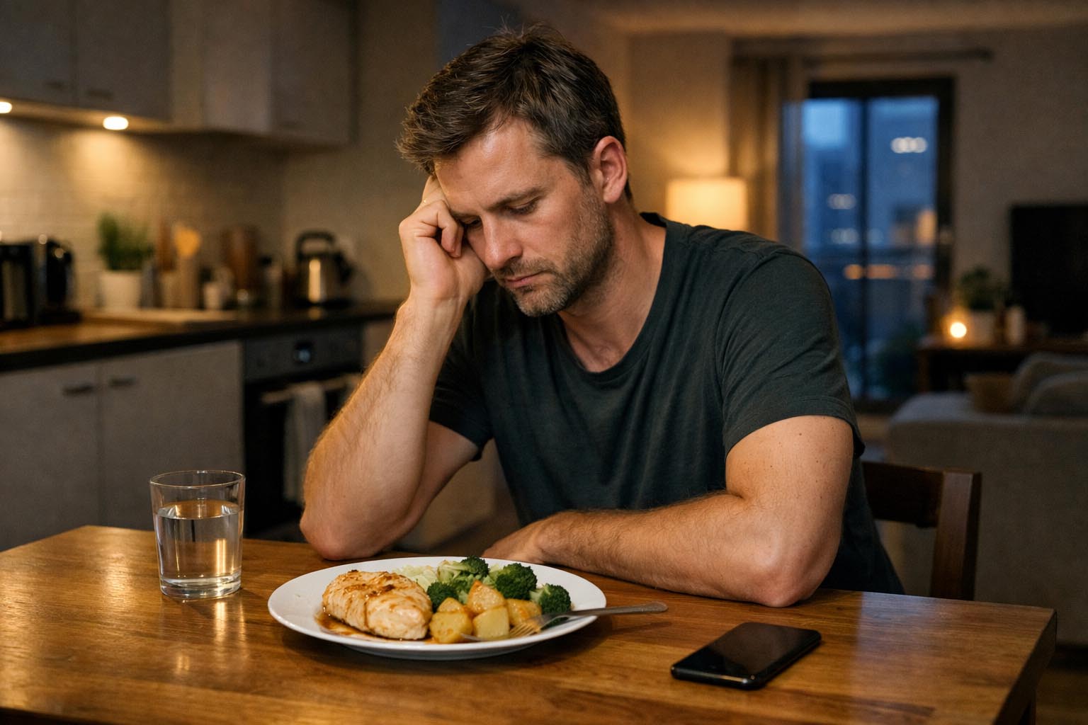 Man sitting alone in a kitchen, looking thoughtfully at a plate with simple food