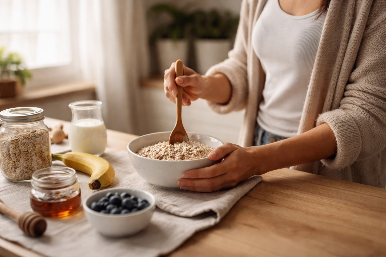 Woman preparing a simple bowl of oatmeal in a home kitchen during morning light