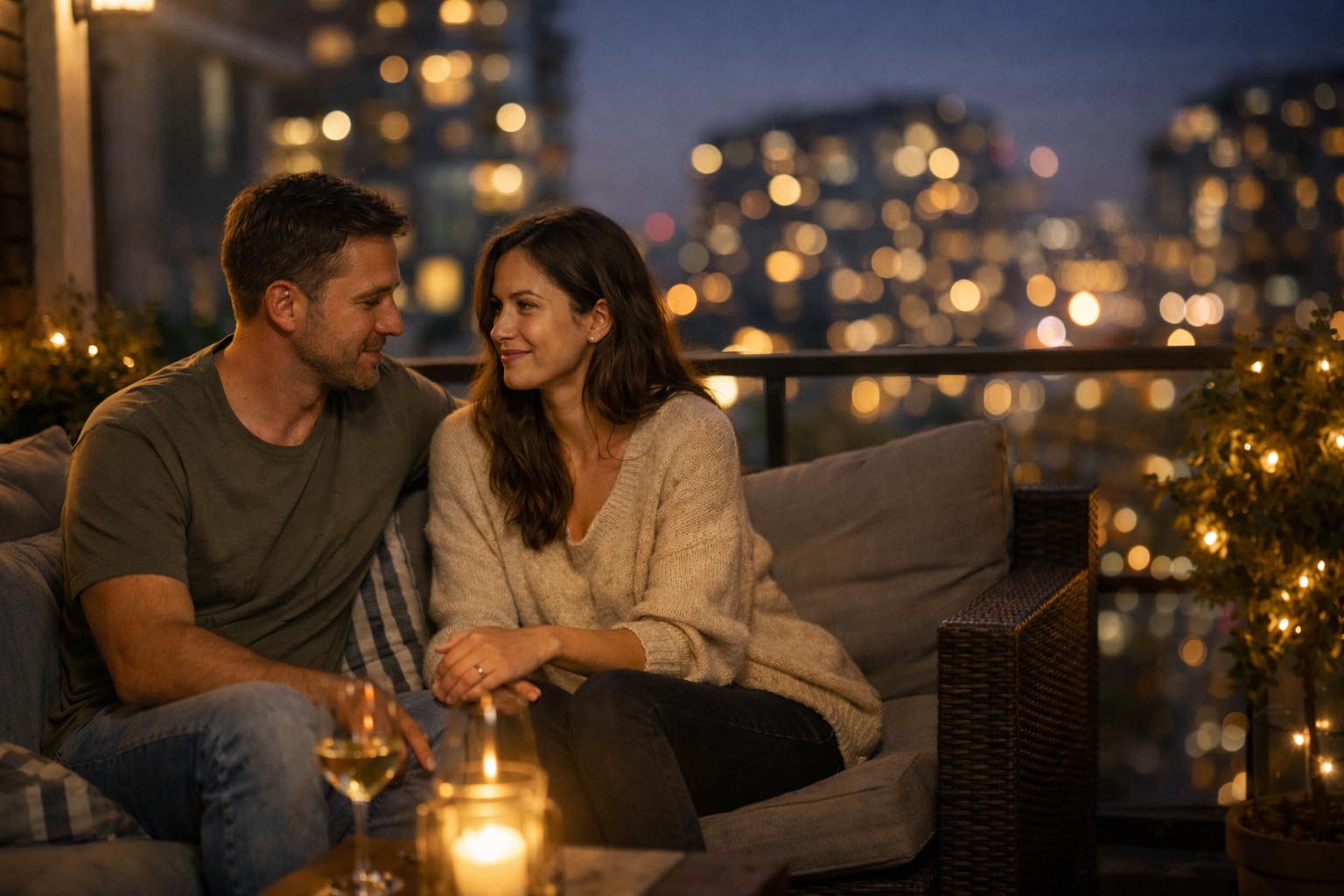 Par sedi na terasi u večernjim satima i razgovara smireno, bliskost i razumevanje u pogledu.