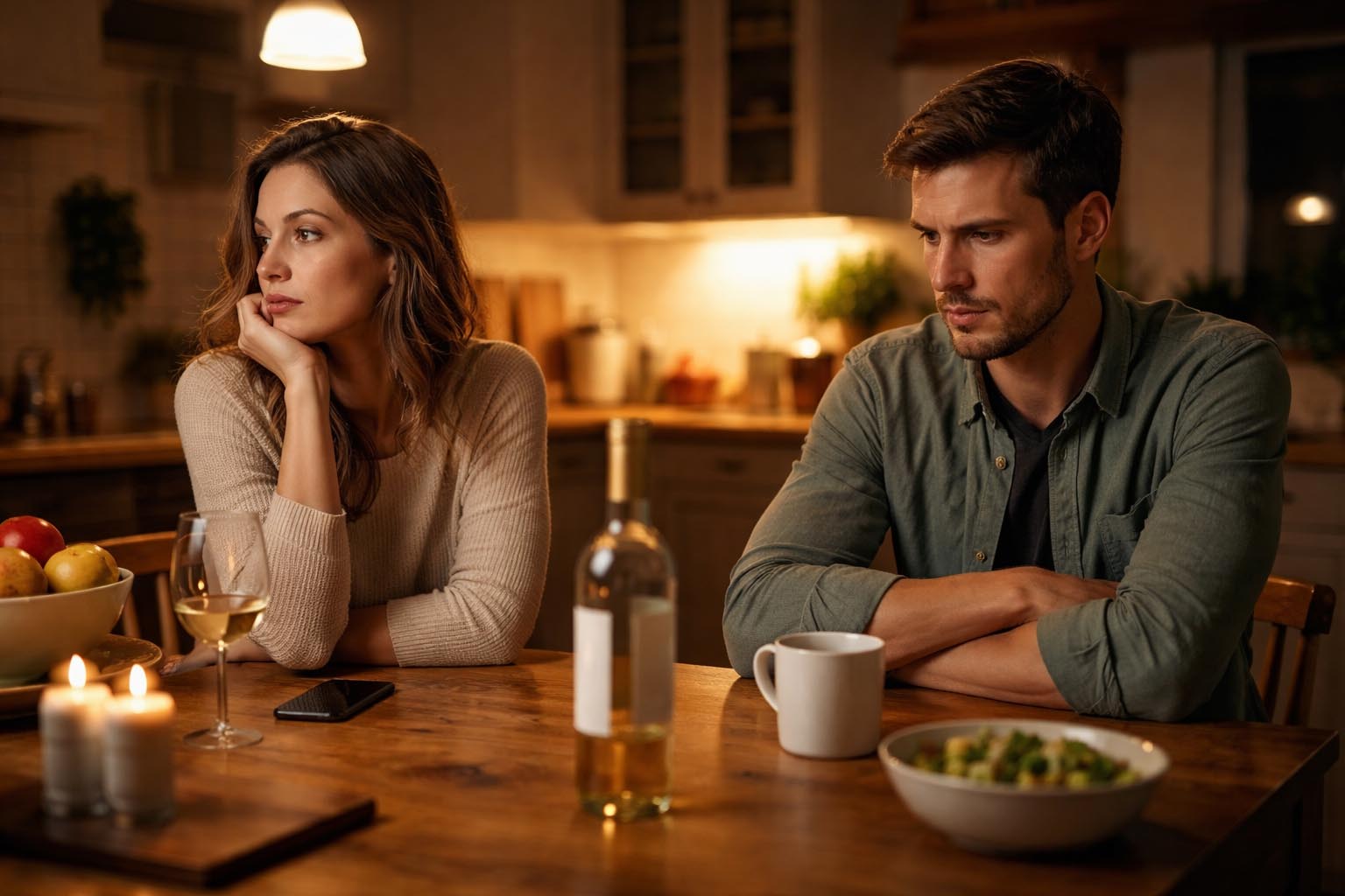 Par koji sedi zajedno, ali deluje distancirano, bez direktnog kontakta.