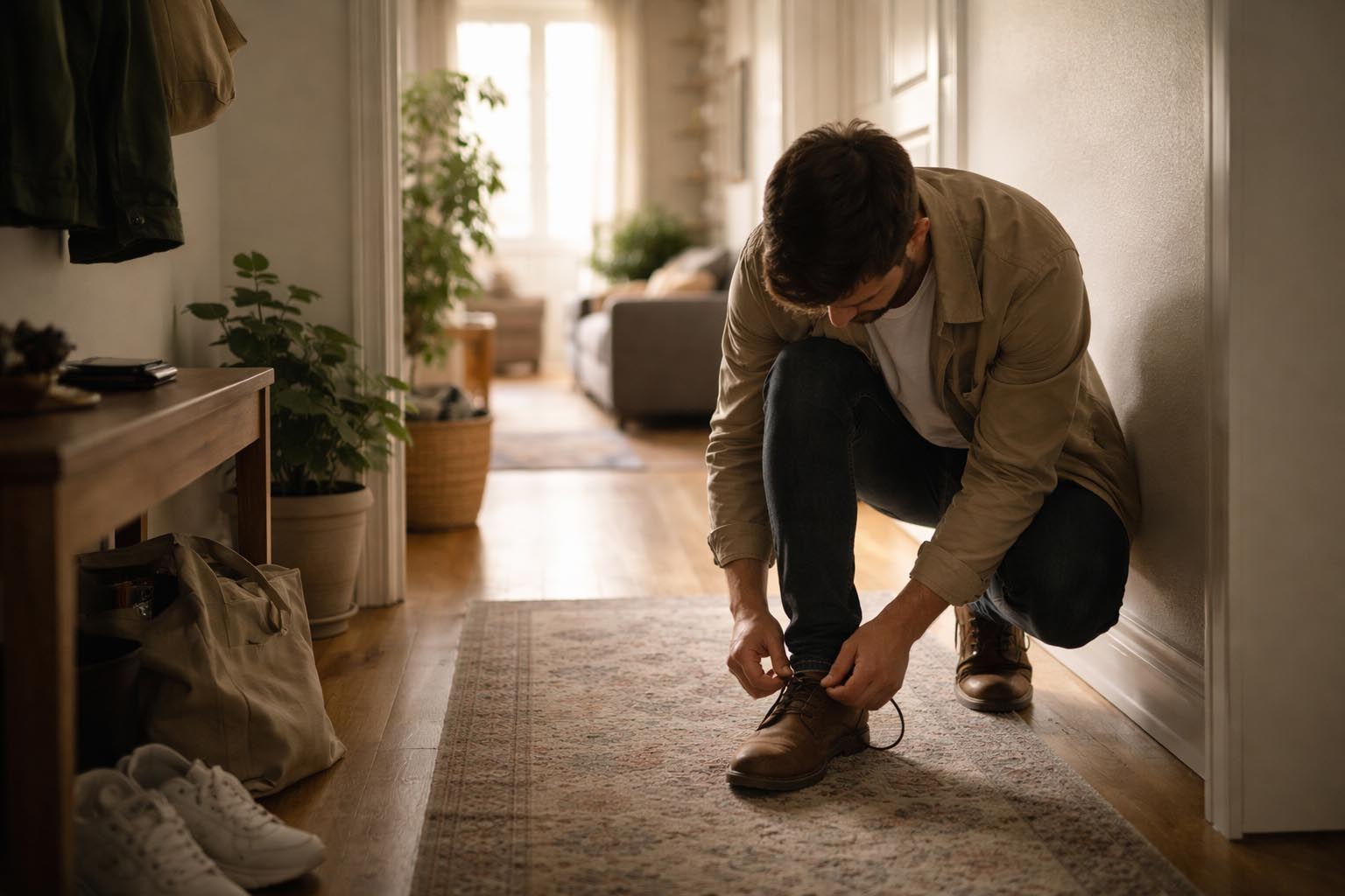 Muškarac u svakodnevnoj situaciji koji smireno reaguje i deluje sabrano.