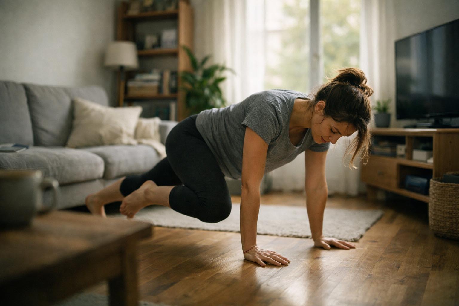 Woman exercising at home in a bright living room, natural and relaxed atmosphere