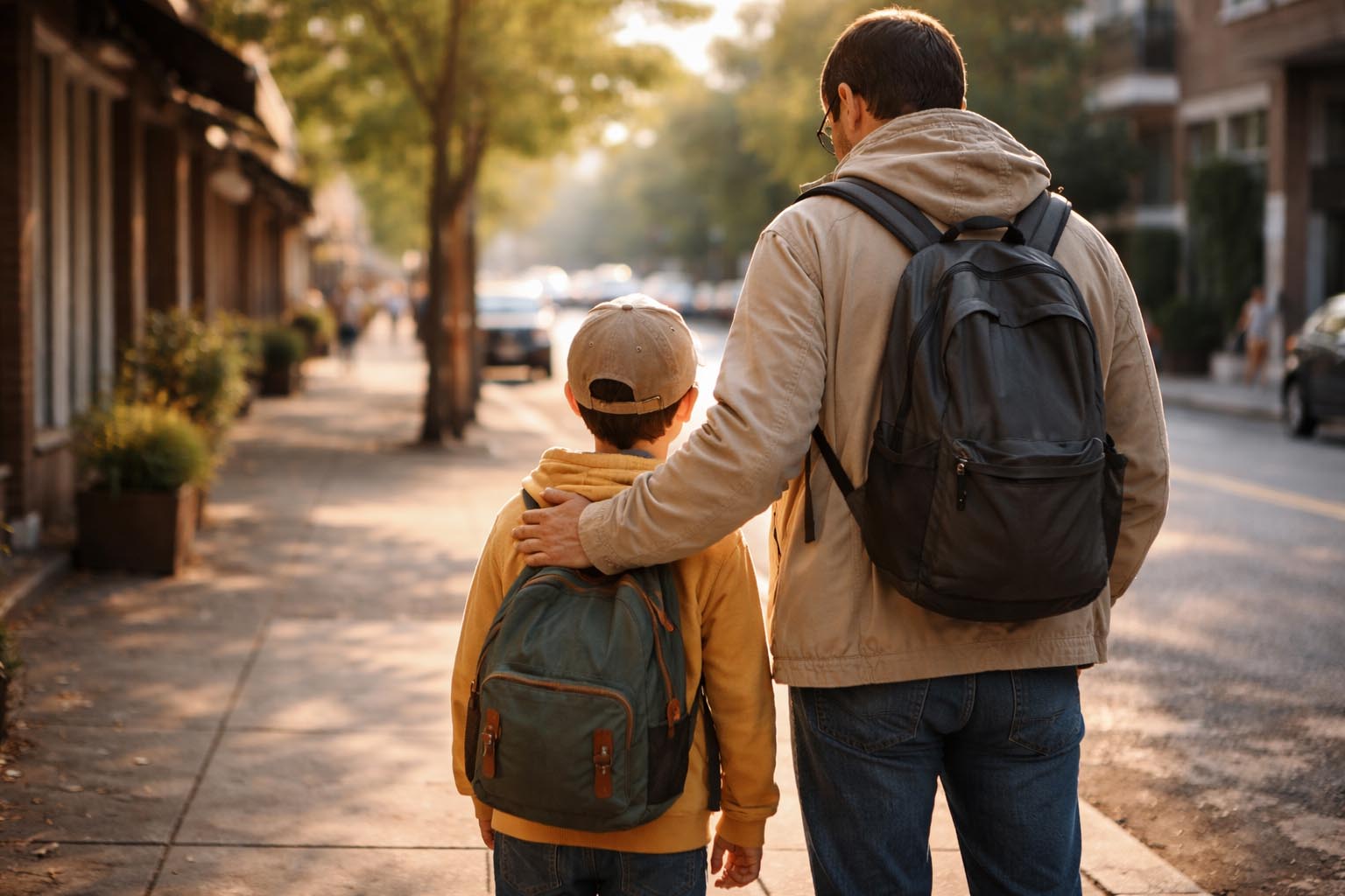 Dete stoji pored roditelja dok zajedno gledaju napred, u mirnoj i sigurnoj atmosferi.