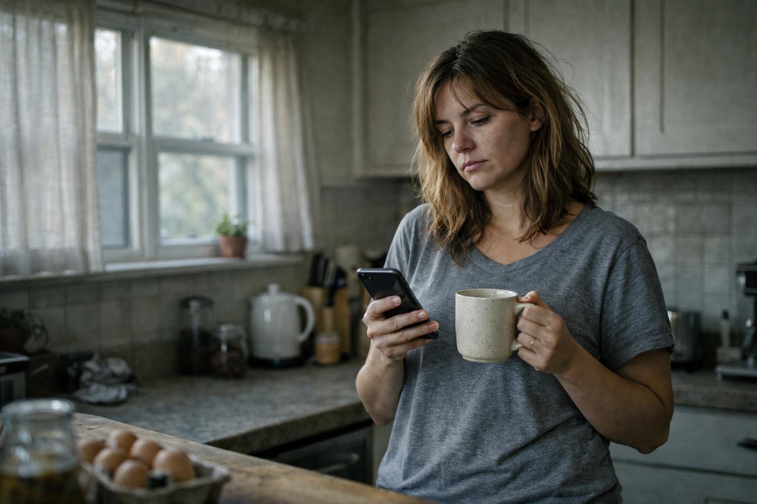 Žena stoji u tihoj kuhinji ujutru, naslonjena na pult, drži šolju kafe i gleda u telefon sa umornim izrazom.