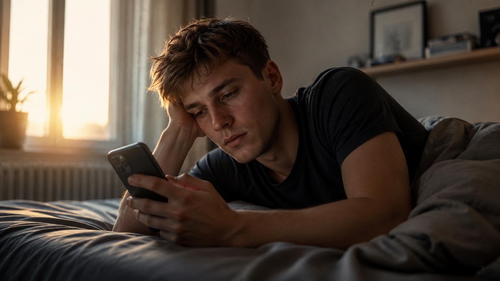 young european man with short ash brown hair lying in bed early morning while checking smartphone notifications with tired expression, realistic lifestyle scene, soft sunrise lighting, 16:9 aspect ratio
