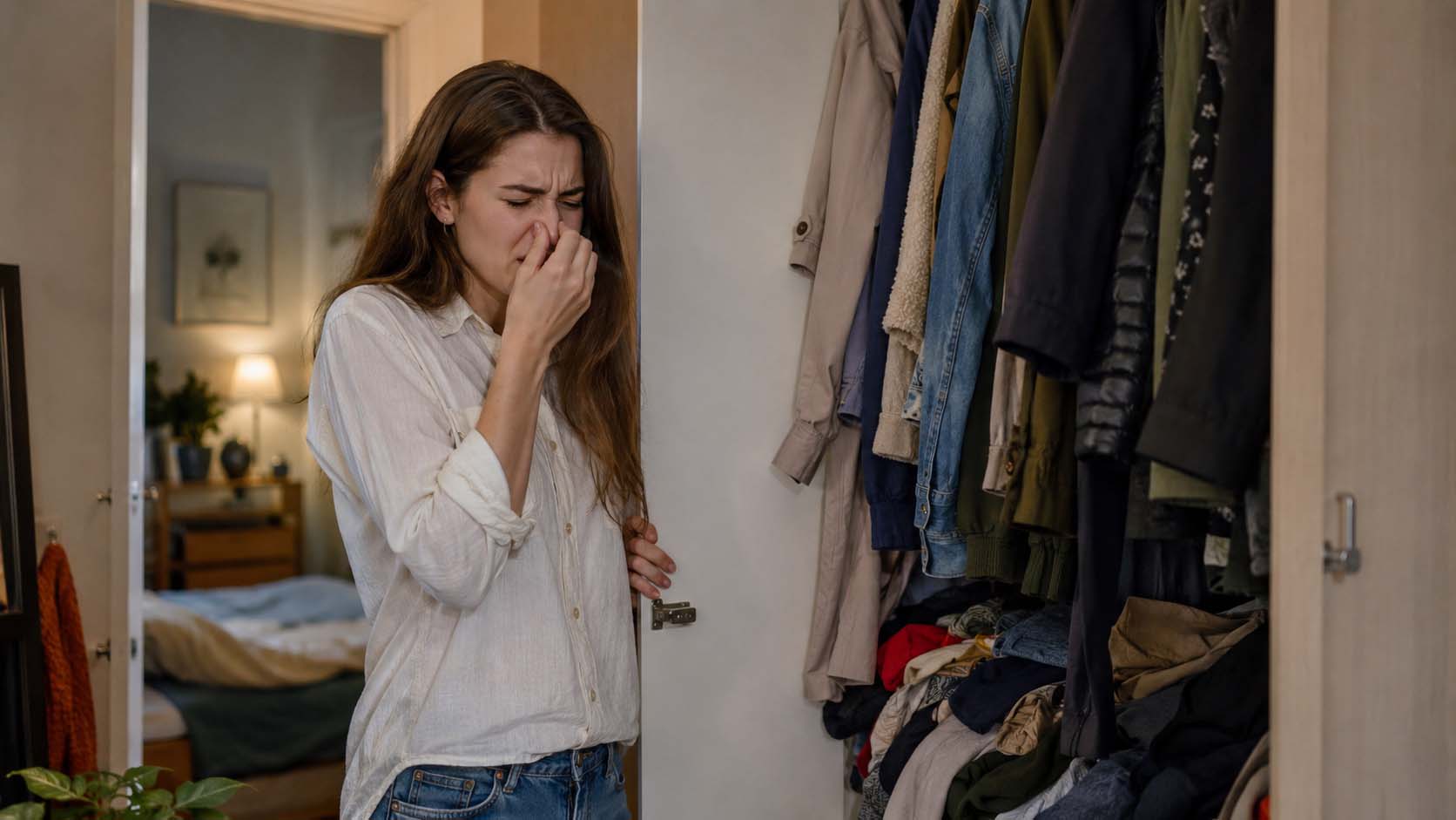 young european woman with long chestnut hair opening crowded wardrobe and reacting to unpleasant smell, cozy apartment interior, realistic home lifestyle scene, 16:9 aspect ratio