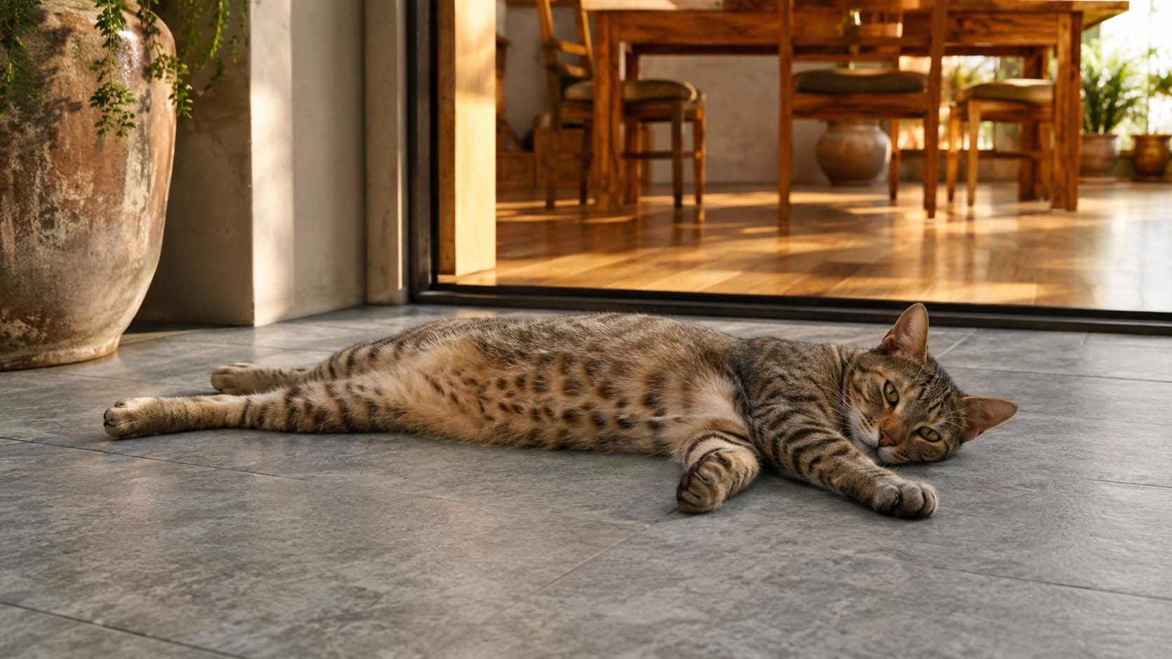 mačka spava na hladnim pločicama, mačka leži na podu, kako se mačka rashlađuje, telesna temperatura mačke, ponašanje mačaka, mačke leti, ljubimci, laganica, laganica.rs