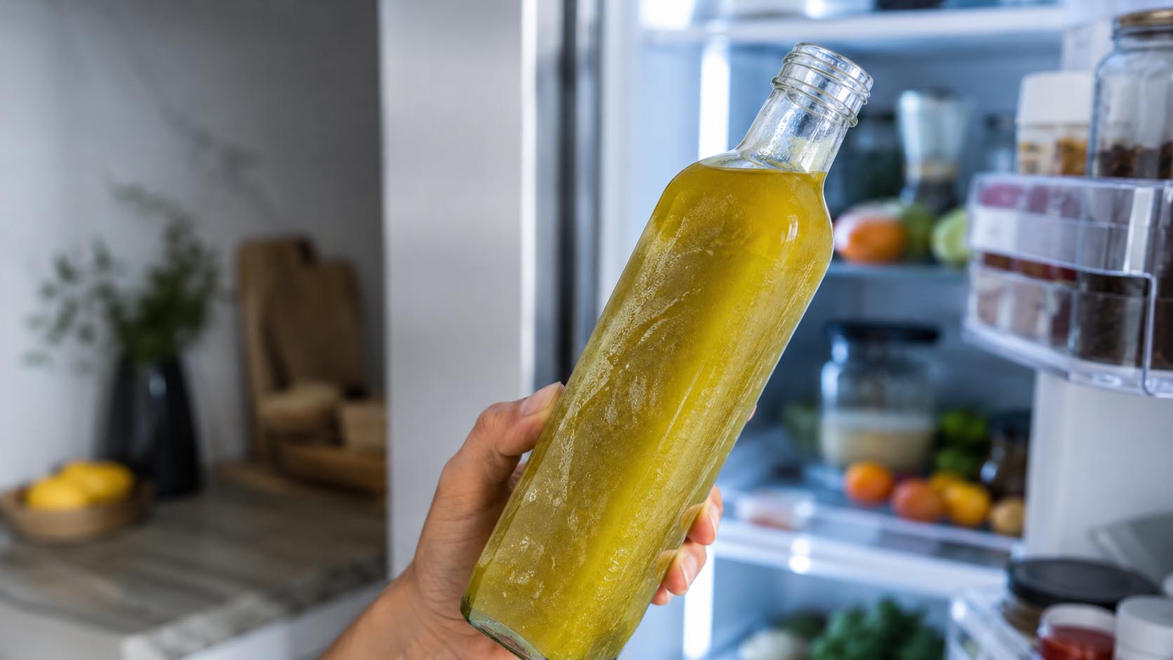 Photorealistic editorial lifestyle photography of a glass bottle of olive oil freshly removed from a modern refrigerator, the oil visibly cloudy and slightly thickened from the cold, bottle as the clear main subject, open refrigerator softly visible in the background, close-up three-quarter perspective, bright natural kitchen lighting, authentic atmosphere, high-end editorial quality, 16:9, no text, no logo, no watermark, unique composition, unique scene