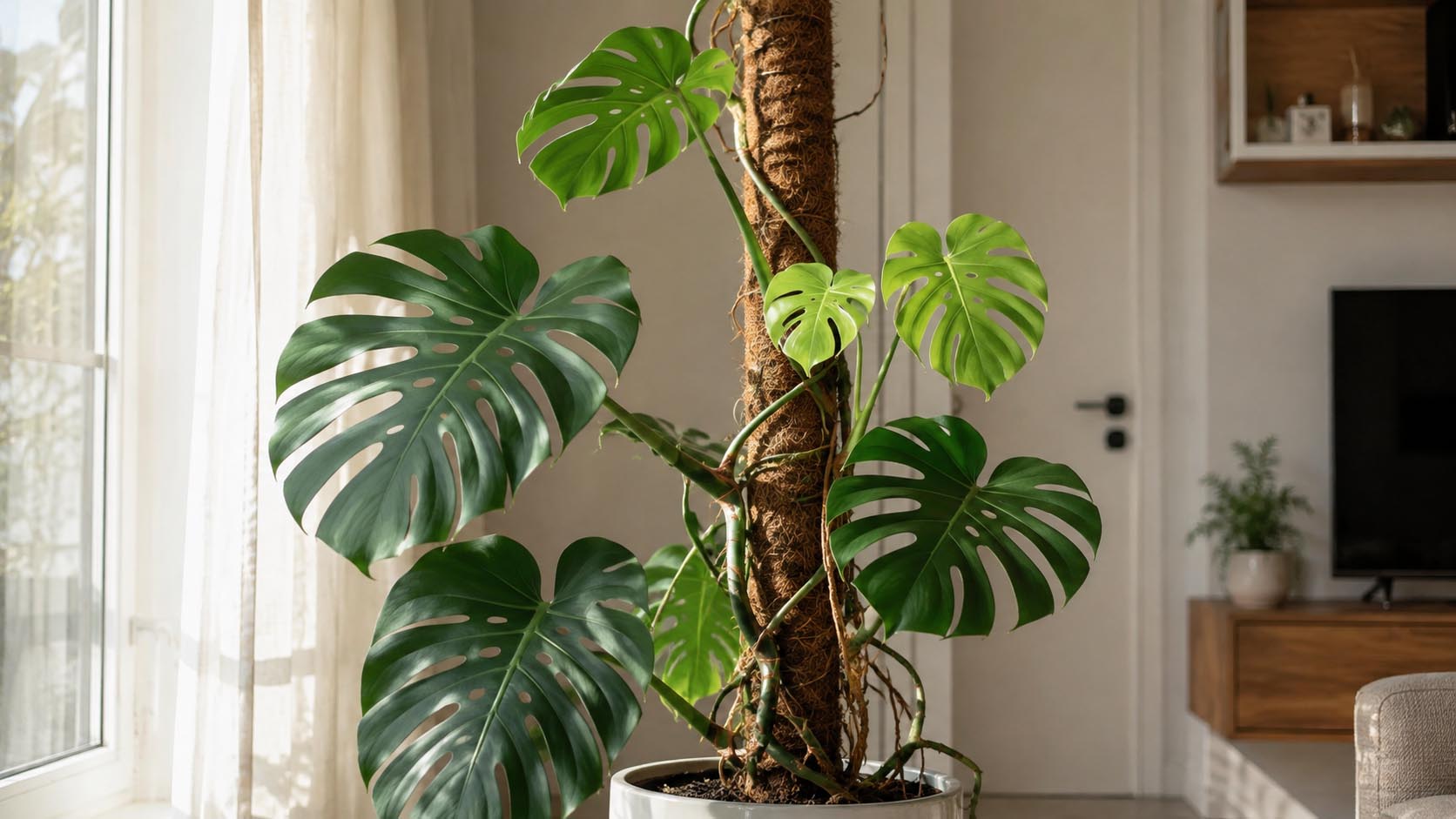 monstera mali listovi, nega monstere, svetlost za monsteru, oslonac za monsteru, Monstera deliciosa, zalivanje monstere, sobne biljke, vazdušni korenovi