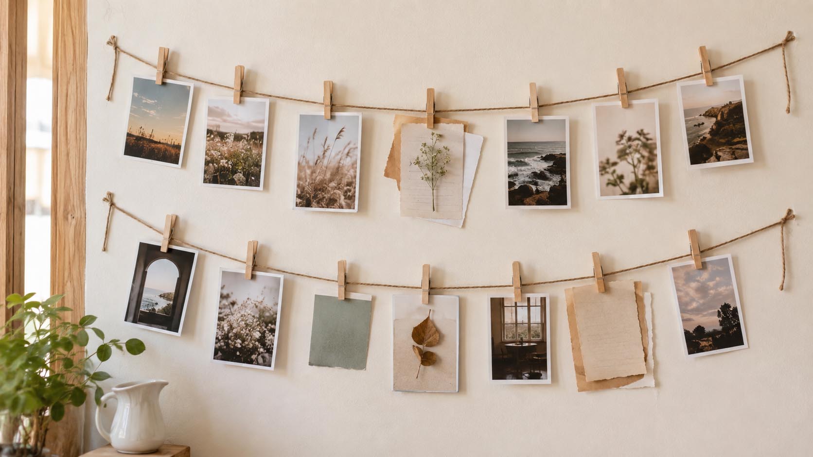 držač za fotografije, kanap i štipaljke, DIY dekoracija zida, fotografije na kanapu, uradi sam dekoracija, drvene štipaljke, zid za uspomene, ideje za fotografije