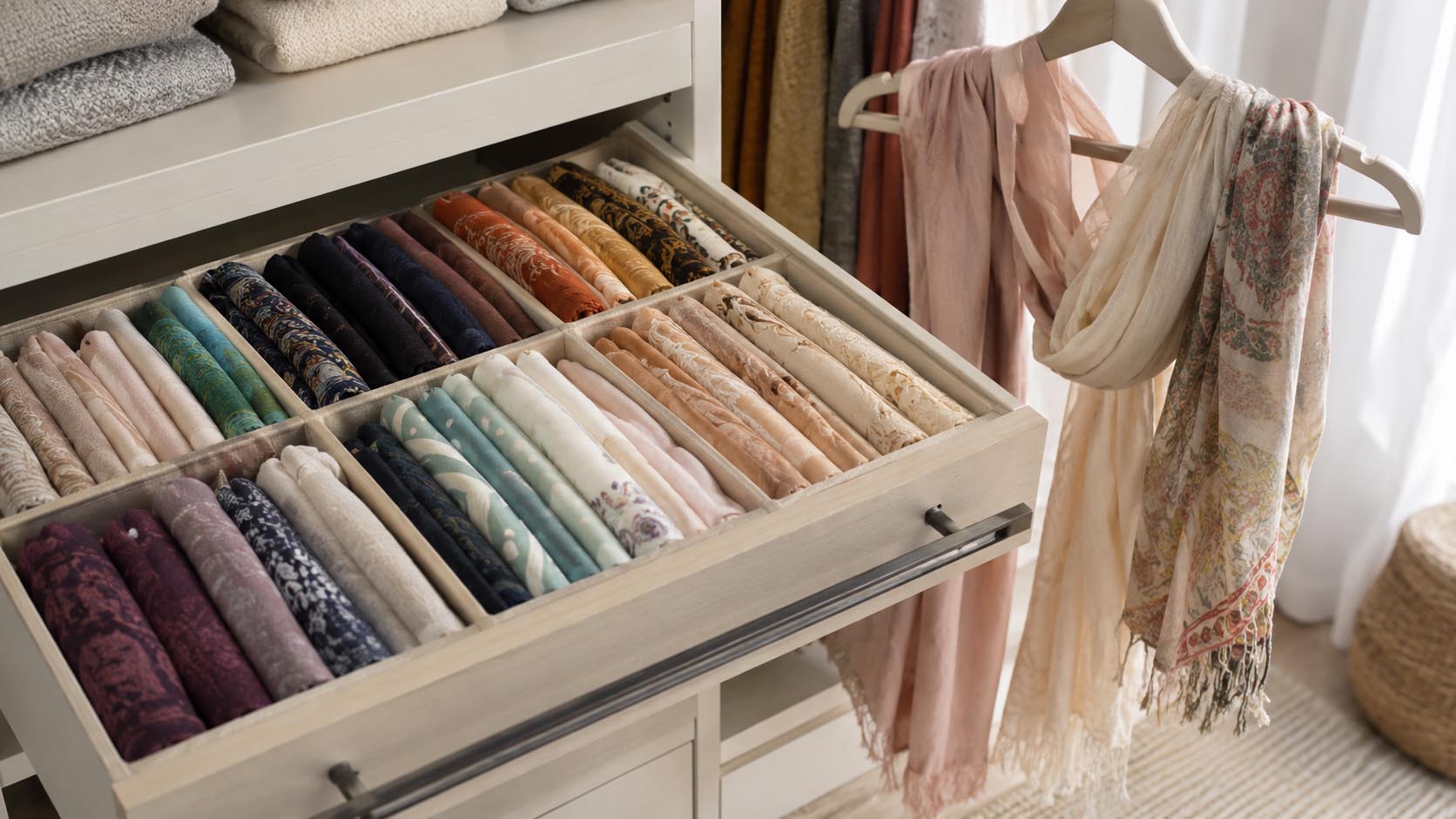 odlaganje šalova, odlaganje marama, organizacija garderobe, šalovi u ormaru, marame u fioci, vešalica za šalove, kako složiti marame, sprečavanje gužvanja