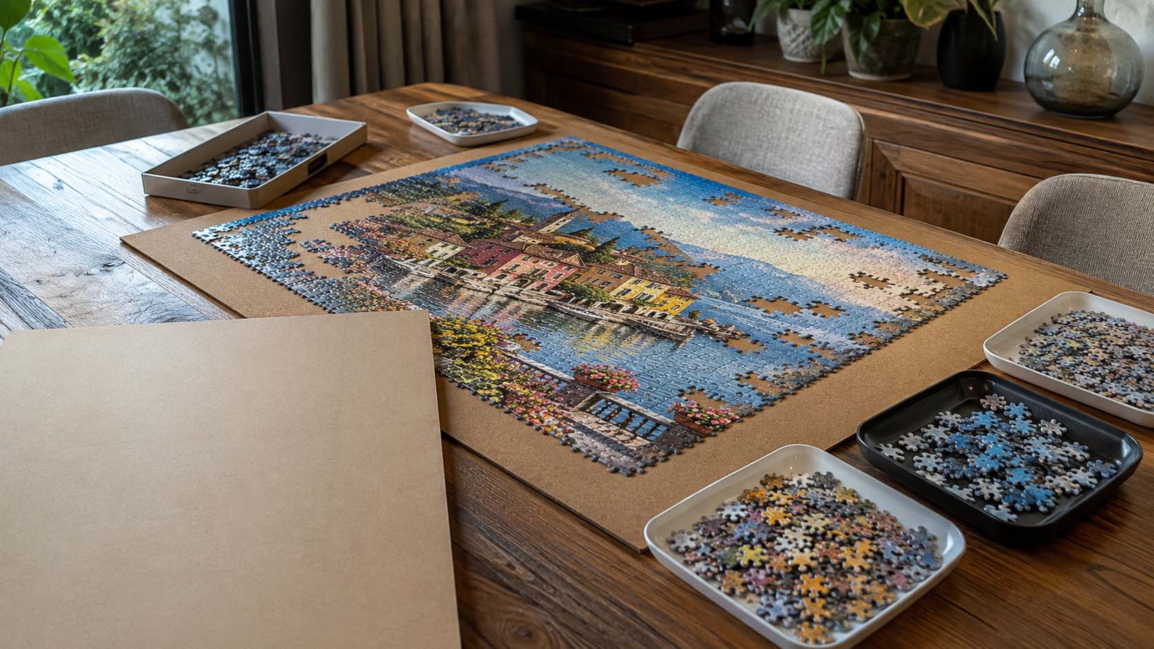 slagalice, čuvanje slagalice, nedovršena slagalica, slagalica na stolu, organizacija delova slagalice, hobi, slaganje puzzli