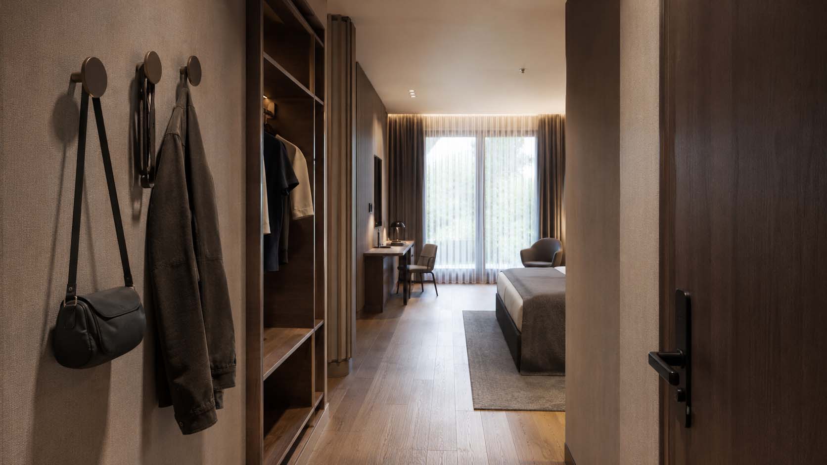 hotelska soba, hotelski čiviluk, čiviluk pored vrata, organizacija hotelske sobe, raspored hotelske sobe, hotel, praktično uređenje